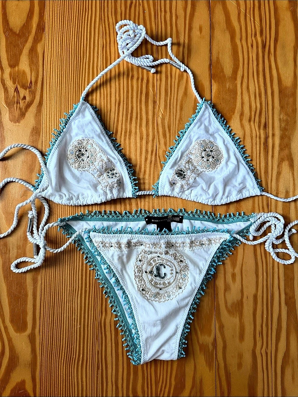 Just Cavalli Beaded Floral Bikini Set in White & Blue Size Medium